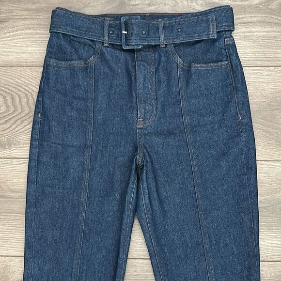 Express 28” High Rise Belted Stretch Flare Jeans Blue Size 4 Short - Picture 2 of 14